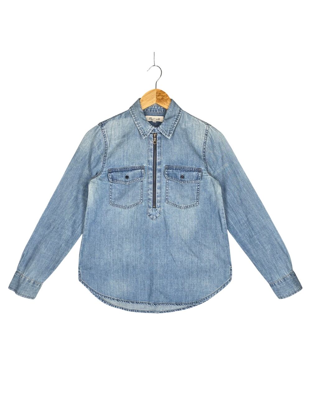 MADEWELL CHAMBRAY DENIM ZIP‑FRONT SHIRT – LIGHTWASH – SIZE XXS – 100% COTTON